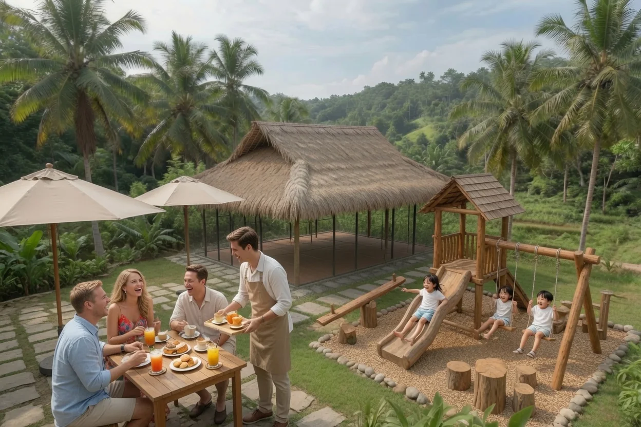 The Konekt community area — café, padel court and children's playground in the hills of Kuta, Lombok